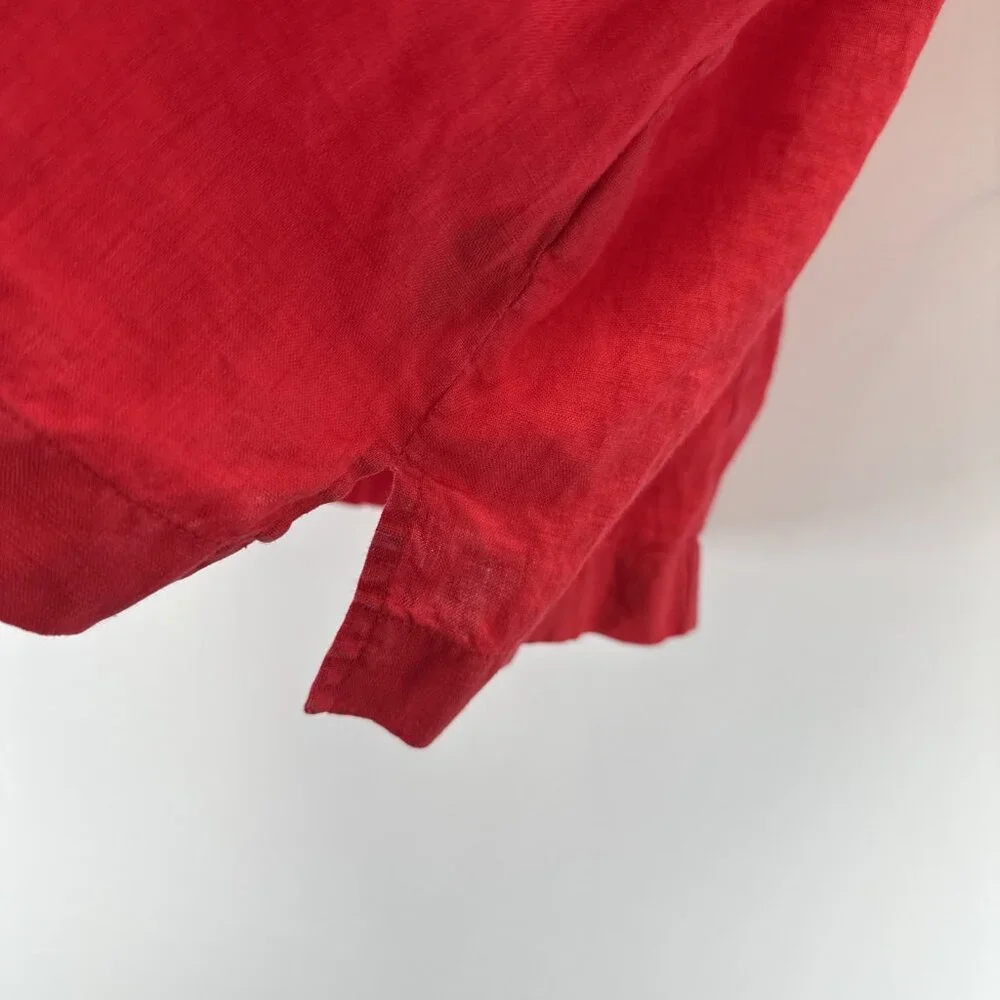 Lauren Ralph Lauren Women's Top Size L 100% Linen Solid Red Blue Anchor Roll Tab